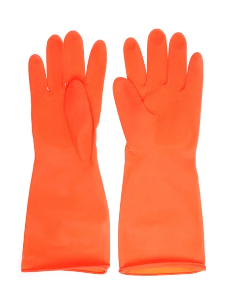 Pomarańczowe rękawice plastikowe izolowane na białym tle — Zdjęcie stockowe