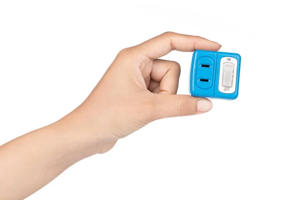 Hand holding Adaptor energi listrik digunakan untuk membagi outlet soket — Stok Foto