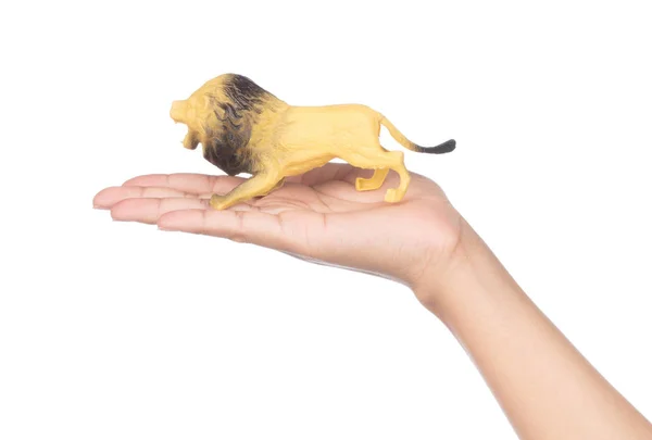 Рука тримає пластиковий іграшковий лев ізольований на білому тлі . — стокове фото