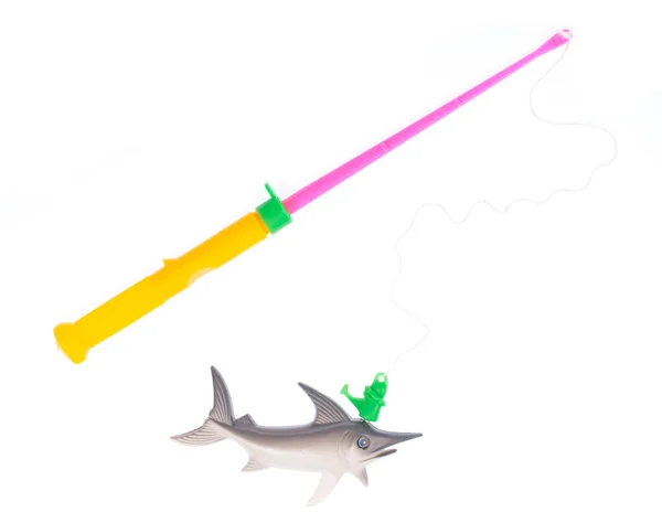 Παιχνίδι πλαστικό καλάμι αλιείας με καρχαρία απομονώνονται σε λευκό φόντο — Φωτογραφία Αρχείου