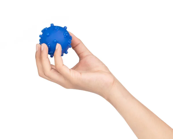 Mão segurando bola brinquedo para animal de estimação isolado no fundo branco — Fotografia de Stock
