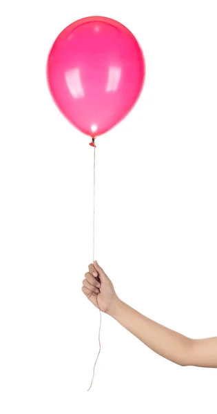 Ręczne trzymanie Pink Rubber Balon izolowany na białym tle. — Zdjęcie stockowe