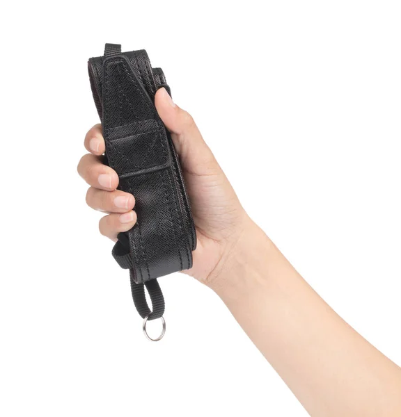 Hand hält Kameraschlaufe isoliert auf weißem Hintergrund — Stockfoto