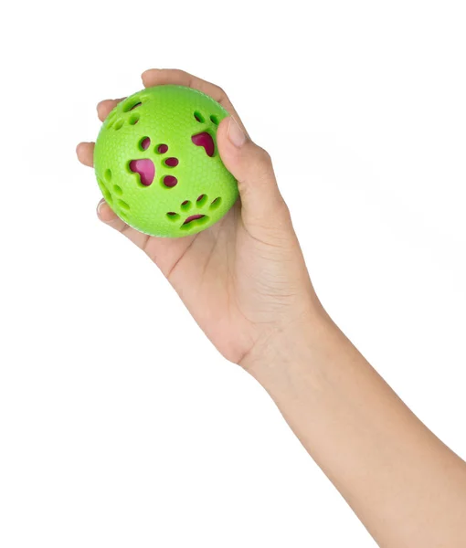 Mão segurando brinquedo bola verde para animal de estimação isolado no fundo branco — Fotografia de Stock