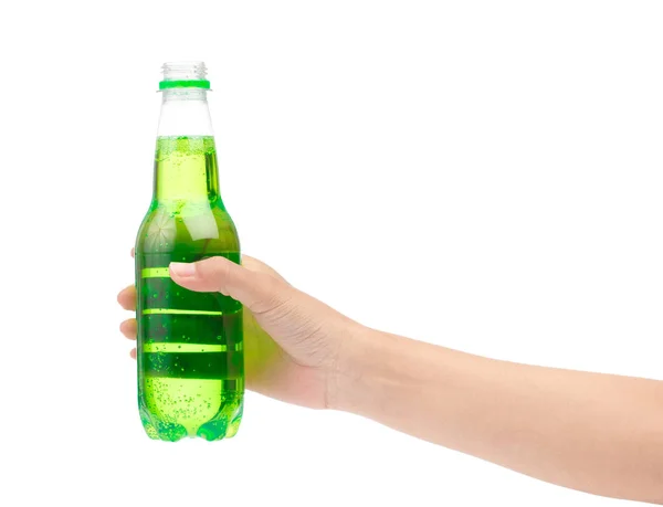 Hand holding refreshing drinks in plastic bottle isolated on whi — Stock Photo, Image