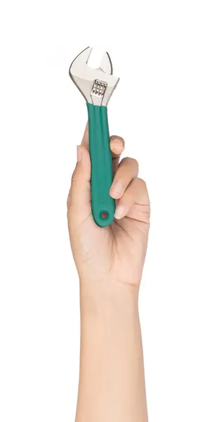 Mão segurando chave inglesa ajustável ou chave ajustável isolada em — Fotografia de Stock