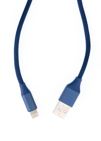 Blue USB-Lightning mobile charging cable isolated on white backg — 图库照片