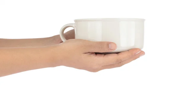 Hand holding Empty white Soup Bowls isolatedon white background — ストック写真