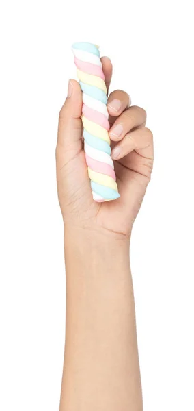 Hand holding colorful marshmallows isolated on white background — Stock Photo, Image