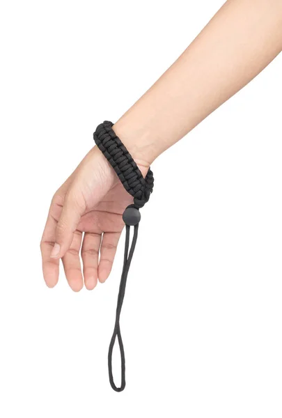 Tangan dengan tali untuk kamera tali tangan dibuat desain memanjat streng — Stok Foto