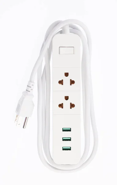White socket electric power bar 2 outlet with 3 USB isolated on — Stock Photo, Image