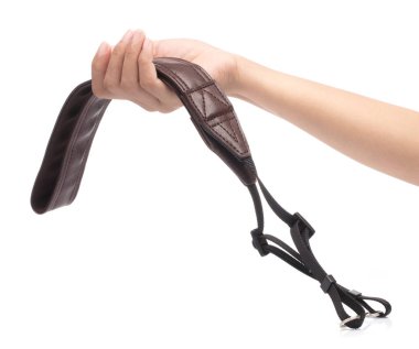 hand holding camera strap isolated on a white background