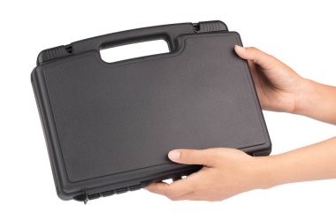 Beyaz sırt çantasına izole edilmiş ekipmanlar için plastik çanta.