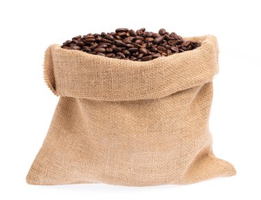 sack of roasted coffee beans isolated on white background