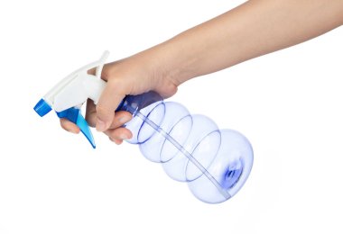 Hand holding Plastic bottle spray isolated on white background
