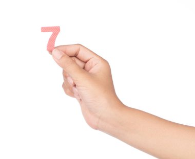 hand holding number made from EVA foam isolated on white backgro