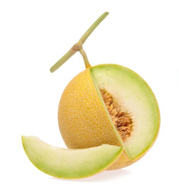 Beyaz arka plan üzerinde izole olgun karpuz kavun dilimi.