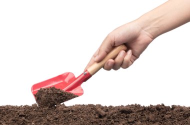 hand digging soil by shovel isolated on white background