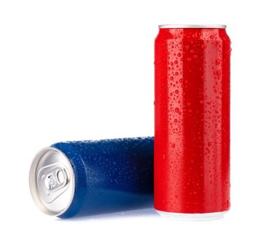 aluminum cans with fresh water drops isolated from white backgro