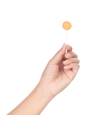 hand holding lollipop candy isolated on white background