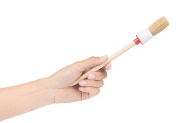 hand holding Wooden Handled Paintbrushes isolated on a white bac