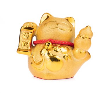 figurine golden cat brings good luck isolated on white backgroun