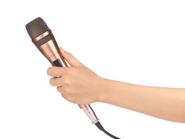 hand holding golden microphone isolated on white background