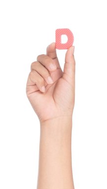 hand holding alphabet made from EVA foam isolated on white backg