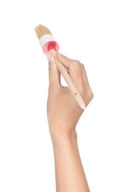 hand holding Wooden Handled Paintbrushes isolated on a white bac