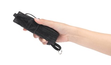 hand holding camera strap isolated on a white background