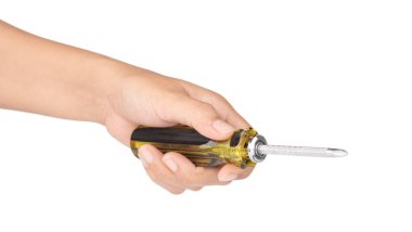 hand holding Yellow and black handled screwdriver isolated on wh