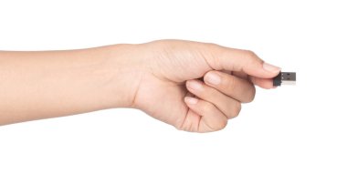 hand holding Small Flash Drive isolated on a white background