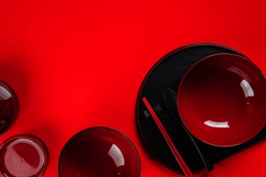 bowl Kitchenware set on red background