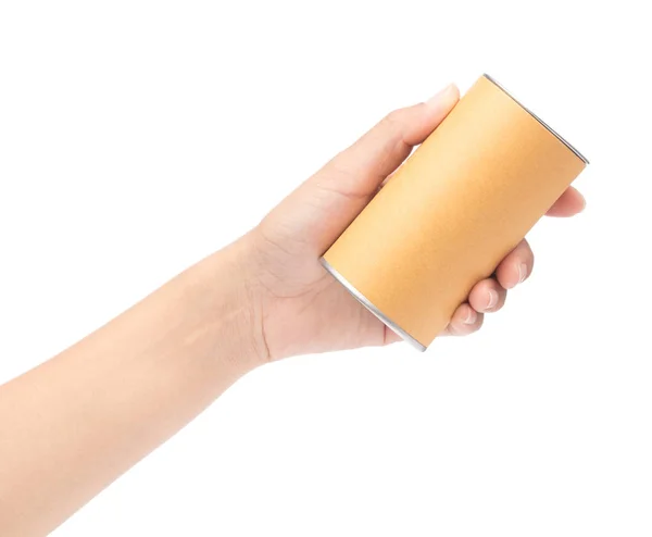 Χέρι εκμετάλλευση μπορεί κουτί δοχείο καφέ σωλήνα συσκευασία απομονωμένη σε whit — Φωτογραφία Αρχείου