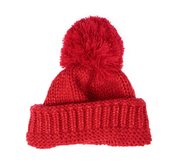 Red Knit Wool Hat with Pom Pom isolated on white background — Stok fotoğraf