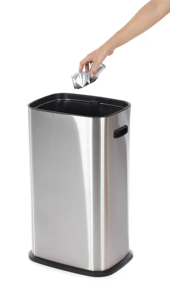 Hand throwing can aluminum in stainless steel trash bin isolated — 스톡 사진