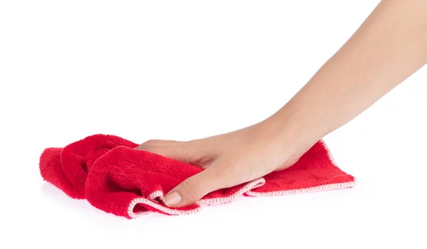 Mão com toalhetes vermelhos microfibra isolada no whitebackground — Fotografia de Stock
