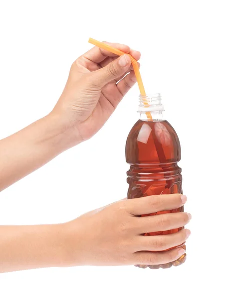 Hand holding tea in plastic bottle isolated on white background — Stock Photo, Image