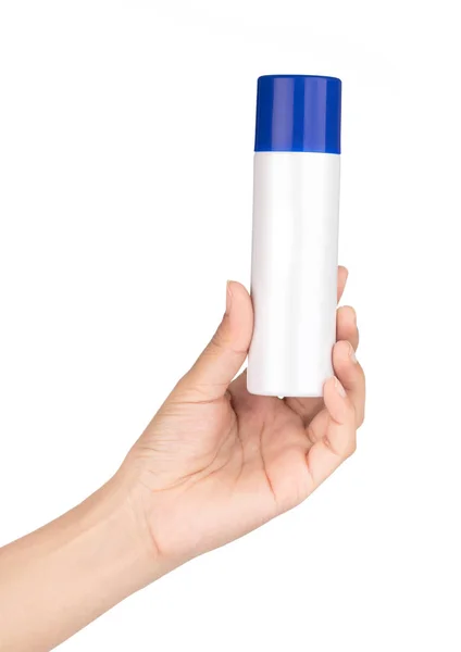 Mão segurando protetor solar spray frasco isolado no fundo branco — Fotografia de Stock