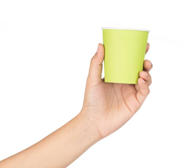 Trzymanie ręki Paper cup izolowane na białym tle — Zdjęcie stockowe