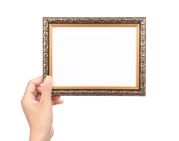 Hand holding wood frame border design is patterned isolated on w — 스톡 사진