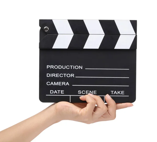 Σινεμά πλακέτα σε χέρια απομονωμένα σε λευκό φόντο — Φωτογραφία Αρχείου