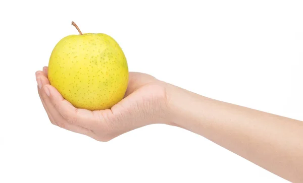 白地に隔離されたリンゴを手で握ると — ストック写真