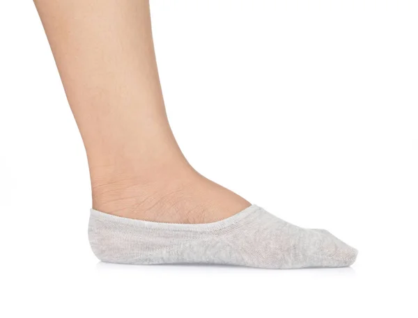 Human foot dressed fabric short sock isolated on a white backgro — Stock Photo, Image