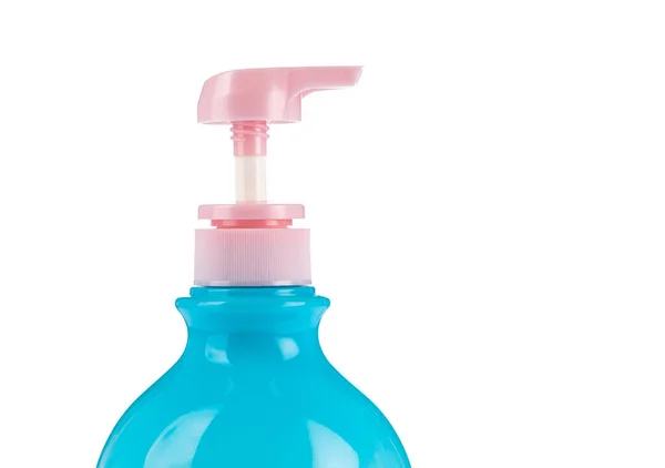 Bottiglie di plastica circolare di forma blu con pompa isolata su bianco — Foto Stock