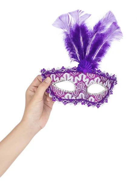 Máscara de plumas Glitter Mardi Gras de mano aislada en blanco b —  Fotos de Stock