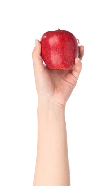 Hand hält roten Apfel isoliert auf weißem Hintergrund — Stockfoto