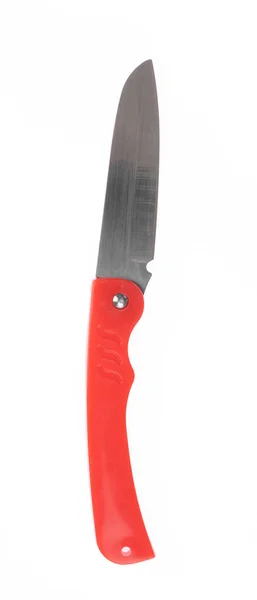 Cuchillo con mango de plástico rojo aislado sobre fondo blanco — Foto de Stock