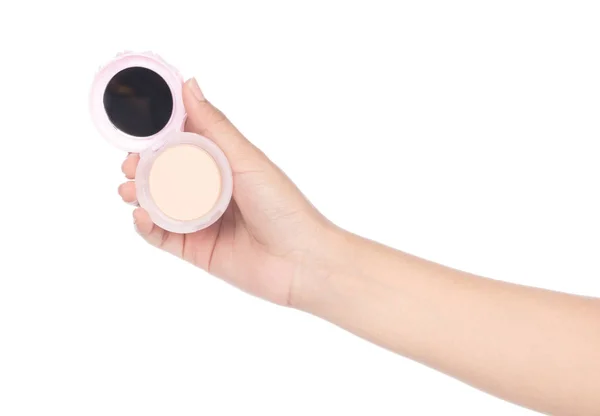 Hand innehav Makeup rosa pulver fall isolerad på vit backgrou — Stockfoto