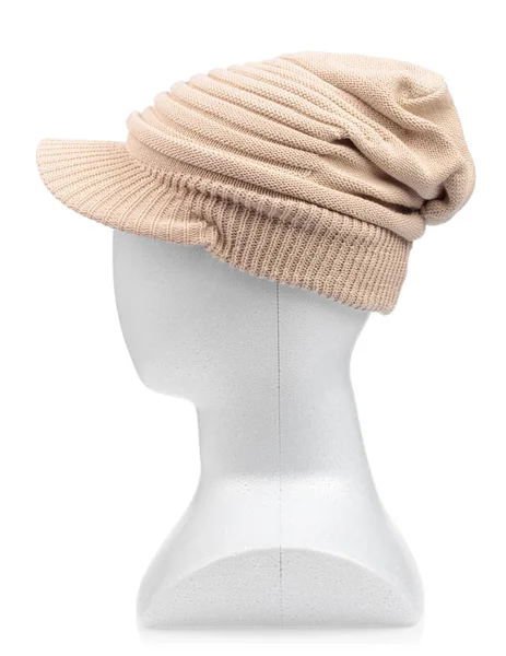 Barna kötött gyapjú kalap modell próbabábu fej elszigetelt fehér — Stock Fotó